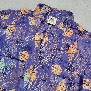 Rum Reggae Shirt Mens Large Purple Orange‎ Batik Shell Print Button Up Shirt